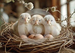 Three little chickens and egg in the nest