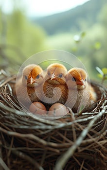 Three little chickens and egg in the nest in the nature