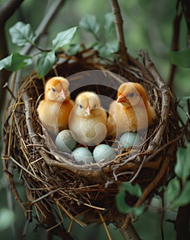 Three little chickens and eggs in nest