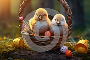 Three little chickens are sitting in a basket with Easter eggs