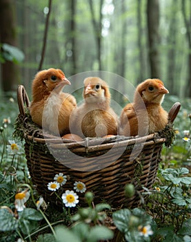 Three little chickens sitting in basket in the forest