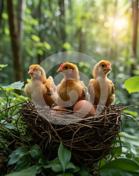 Three little chickens are sitting in the nest with eggs in the natural forest background,concept of new life