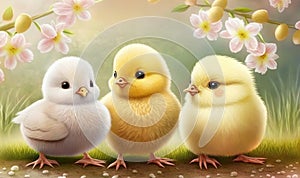 three little chicks are standing in a row on the grass and flowers behind them are pink and white flowers and a branch with pink