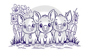 Three little cute pigs sit near the fence and look ahead. Three little pigs on a farm vector linear illustration for Coloring