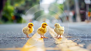 Three little cute yellow chicks crossing street, adorable chickens
