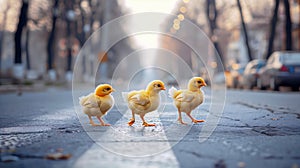 Three little cute yellow chicks crossing street, adorable chickens