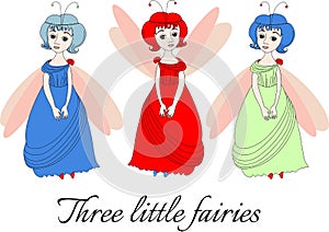 Three little fairies. Cute illustration with beautiful girls.