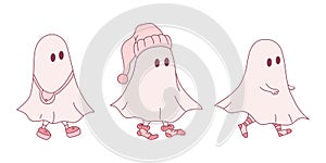Three little ghosts in different clothes. Hand drawn cute ghosts isolated on white background. Halloween