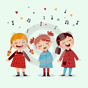 Three little girl singing a song on blue background. Happy three kids singing together