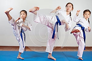 Three little girls demonstrate martial arts working together