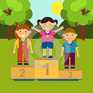 Three little girls on the pedestal. Illustration of ceremony of awarding medals in cartoon style.