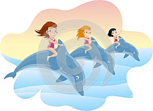 Three Little Girls Riding on the Jumping Dolphin's Back