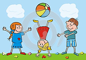 Three little kids on meadow, humorous vector illustration