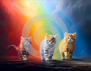 three little kittens in the rainbow background