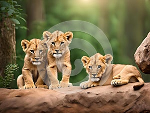 Three little lion cubs in the forest