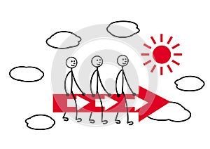 Three little men are flying on a red arrow in the clouds. Metaphor of team. Vector