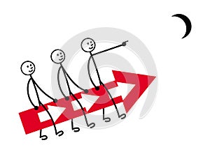 Three little men are flying on a red arrow. Symbol of team work. Vector picture.