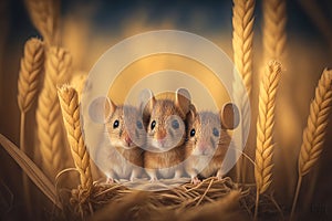 Three little mice in a wheat field on a background of golden wheat ears. Generative AI