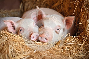 three little piglets, snuggled together in a warm and cozy nest of straw