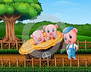 Three little pigs are in the cart