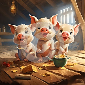 three little pigs eat oats in the barn