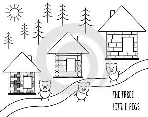 Three little pigs fairy tale. Vector illustration isolated on white background. Black and white simple silhouette.