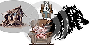 Three little pigs phobia fear of wolf counseling doctor vector graphics illustration