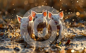 Three little pigs playing in the water. Piglets at Play