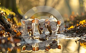 Three little pigs in row in the mud. Piglets at Play