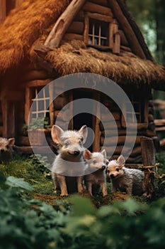 Three little pigs standing in front of a small house. Generative AI image.