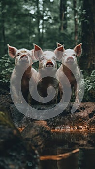 Three little pigs standing on a log in the woods. Generative AI image.