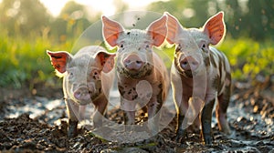 three little pigs standing in the mudd at a farm
