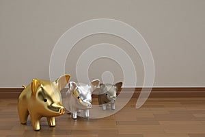 Three little pigs on wooden floor 3D illustration.