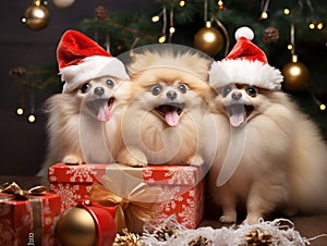 Three little Pomeranians in Christmas hats and with Christmas presents are waiting for the festive moment of Christmas.