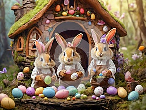 Three little rabbits with easter eggs in a wooden house in the forest