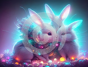 Three little rabbits in neon lights from fairytale. Symbol of holiday. Easter Bunny. Generative AI