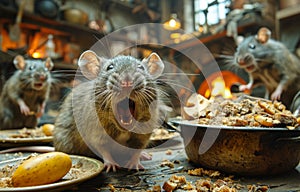 Three little rats in the kitchen eating food. Concept of rodent control in the apartment.