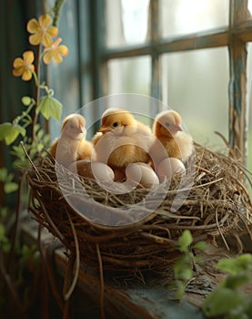 Three little yellow chicks in nest with eggs