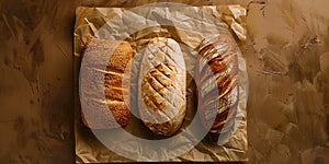 Three loaves of bread on brown paper