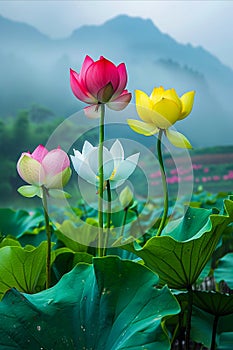 Three lotus flowers in the middle of a field