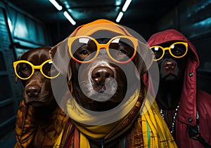 Three lovely dogs wearing sunglasses and jackets. Adorable pets close up portraits indoors