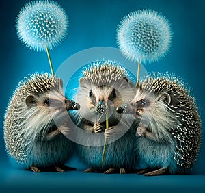 Three lovely hedgehogs holding dandelions. Sweet fluffy animals at blue backdrop. Generative AI