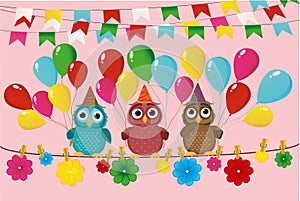 Three lovely owls sit on a rope and hold balloons. Flags