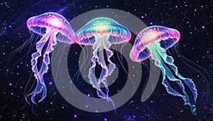 Three Luminescent Jellyfish Floating in a Starry Celestial Realm photo