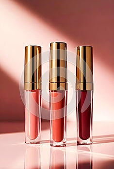 Three Luxury Liquid Lipsticks Displayed Under Soft Pink Gradient Studio Lighting