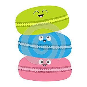 Three macaron or macaroon icon. Sweet bakery pastry cookies set with face. Cute cartoon smiling character collection. Fast food sn