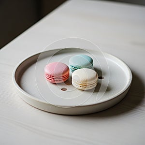 Three macarons are placed on a
