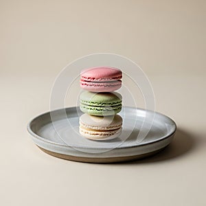 Three macarons stacked on a round
