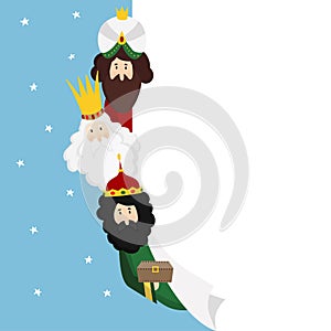 Three magi. Biblical kings Caspar, Melchior and Balthazar. Christmas vector illustration background, web banner for