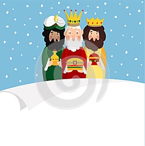 Three magi. Biblical kings Caspar, Melchior and Balthazar. Vector illustration background, web banner for Spanish Dia